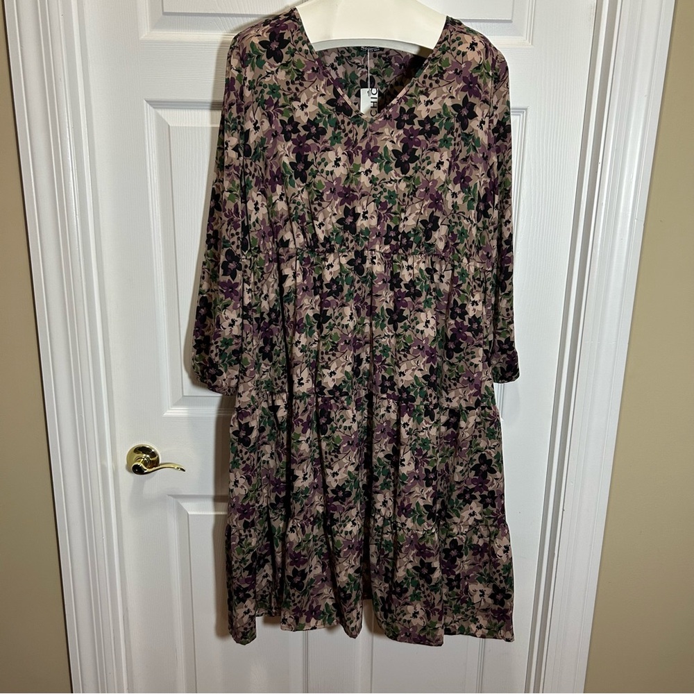 BloomChic Tan and Purple Floral Long Sleeve Dress